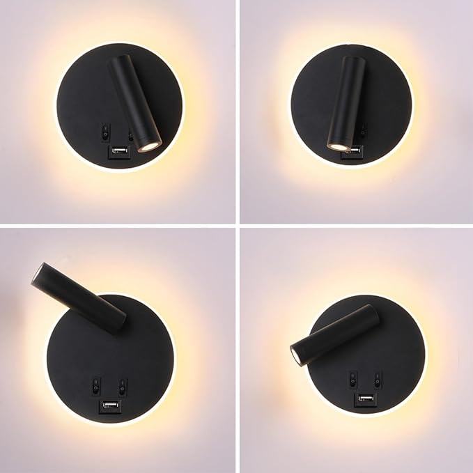 USB Charging Port Wall Wash Light Black Bed LED with Interior Wall Adjustable Spotlight Reading lamp Wall lamp Bedroom Indoor Bedside Lamp 3000K (3W + 9W)