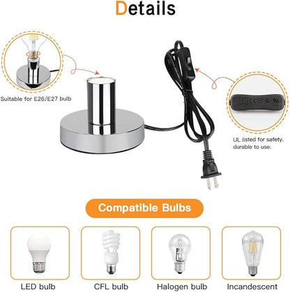 Helunsi Industrial Table Lamp Base, Silver E26 E27 Lamp Base Without Shade, Mini Short Desk Lamp Exposed Bulb Base, Simple Metal Edison Light Bulb Stand, with 5.8ft Cord Switch Plug Bulb Base Holder