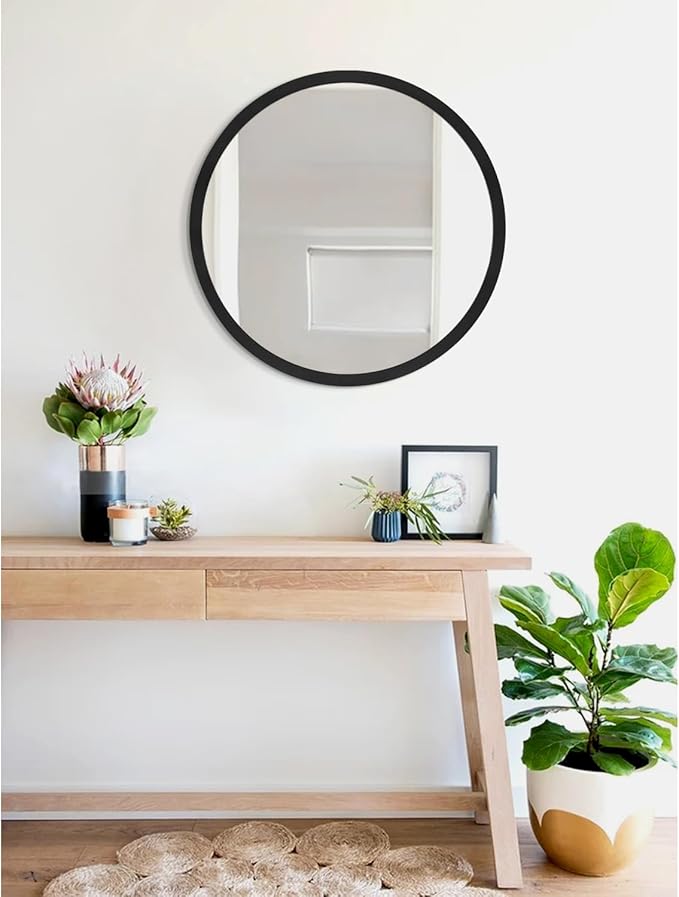 JJUUYOU Round Wall Mirror 16", Hanging Circle Mirror Round Black Mirror for Bathroom Wooden Farmhouse Frame Mirror for Bedroom, Living Room or Entryway Wall Decorative