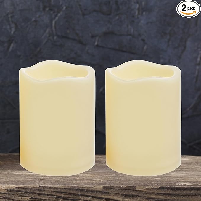 iZAN 2 Pack Outdoor Indoor Flameless Candles with Timer Waterproof Battery Operated Electric LED Pillar Candle Set for Home Garden Decoration Party Wedding Supplies 3 x 4 inch