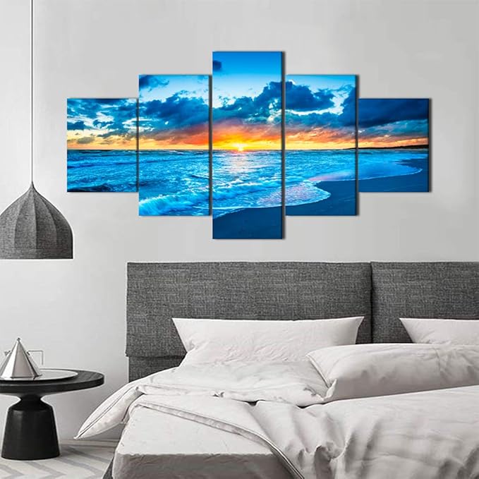 Canvas Painting Beach Ocean Sunrise Modern Landscape Painting on Canvas 5 Piece Print HD Sea View Pictures Giclee Artwork Wall Art for Living Room Home Decor Wooden Framed Stretched (60''W x 32''H)