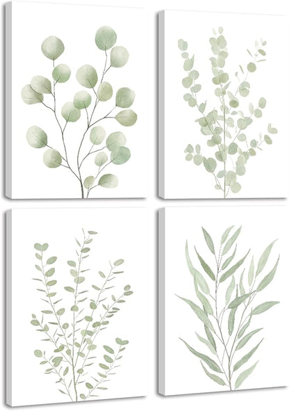 Drsoum Botanical Plant Framed Wall Art Boho Wall Decor for Bathroom Sage Green Eucalyptus Leaf Prints Minimalist Aesthetic Ready to Hang Set of 4, 8x10 in (Framed)