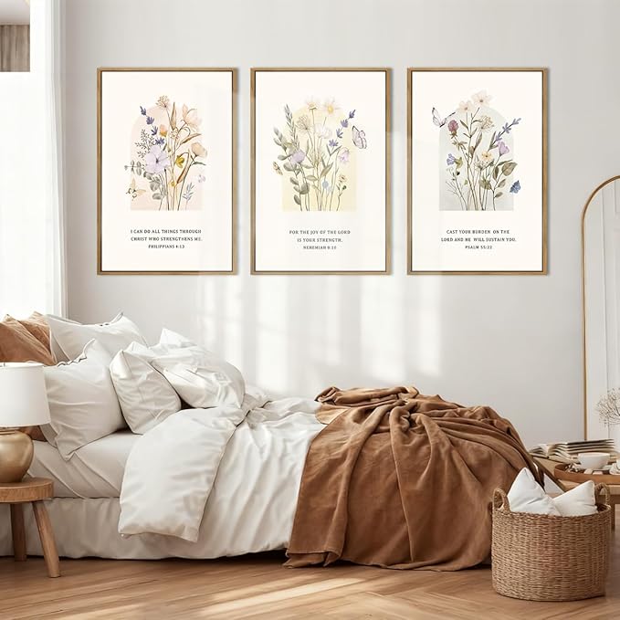 IARTTOP Extra Large Christian Easter Wall Art Framed 24x36 Inch Floral Bible Verse Scripture Art Prints Minimalist Botanical Wildflower Religious Canvas Wall Decor for Living room Bedroom Set of 3