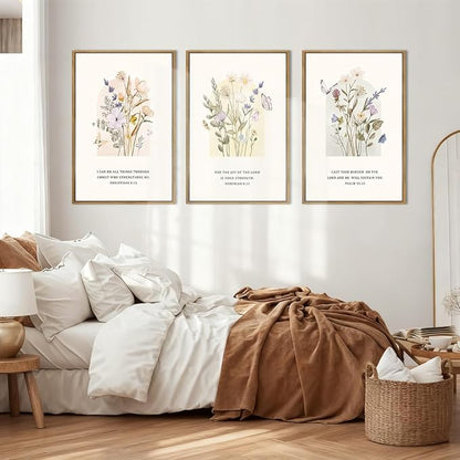 IARTTOP Extra Large Christian Easter Wall Art Framed 24x36 Inch Floral Bible Verse Scripture Art Prints Minimalist Botanical Wildflower Religious Canvas Wall Decor for Living room Bedroom Set of 3
