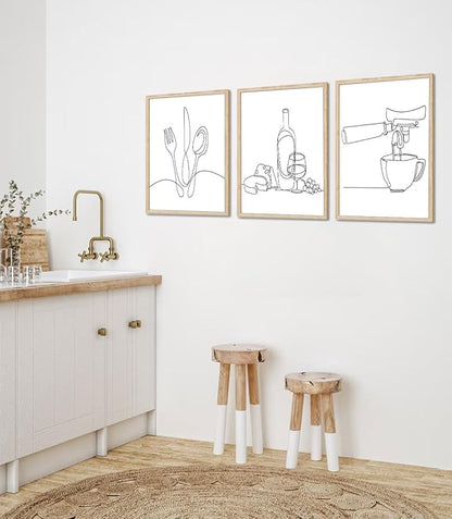 3Pcs Line Drawing Kitchen Wall Art, Modern Black White Minimalist Kitchen Abstract Line Art Posters Prints Dining Room Wall Decor Canvas Paintings Pictures Home Decoration, Unframed (line art, 16x24in