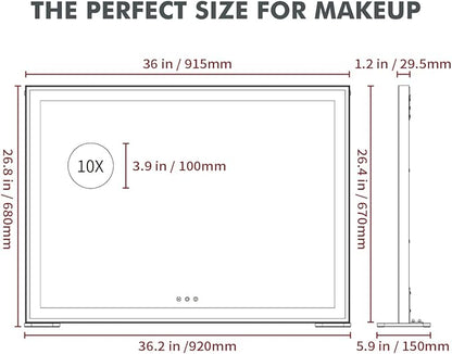 ANYHI Large Vanity Mirror with Light, 36.2" x 26.8" Hollywood Lighted Vanity Mirror, 10X Magnification, Smart Touch Control, 3 Color Modes, Memory Function, Tabletop or Wall Mount, Silver