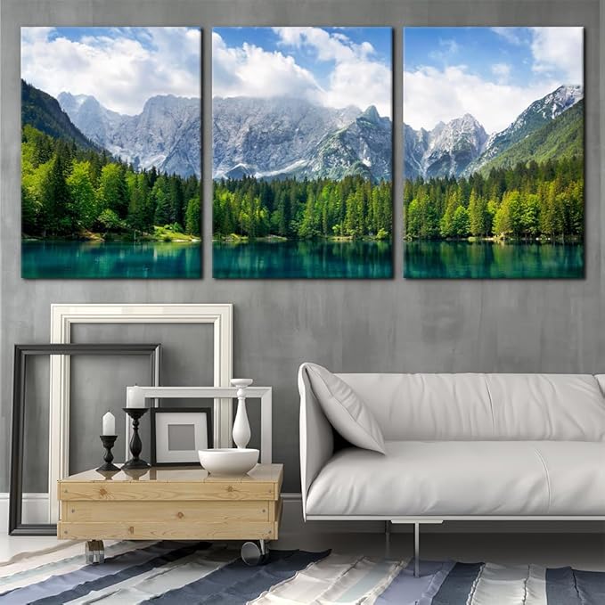 3 Pieces Nature Scenery Wall Art Decor Beautiful Landscape with Turquoise Lake Forest and Mountains Pictures Painting Print on Canvas Modern Artwork Stretched Framed Ready to Hang - 20"x28"x3 Panel