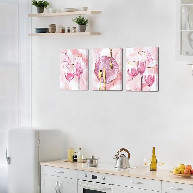 sechars 3 Pieces Set Kitchen Wall Decor Pink Wine Glass Wall Art Gold Utensils Canvas Prints Modern Dining Room Pictures (Pink)