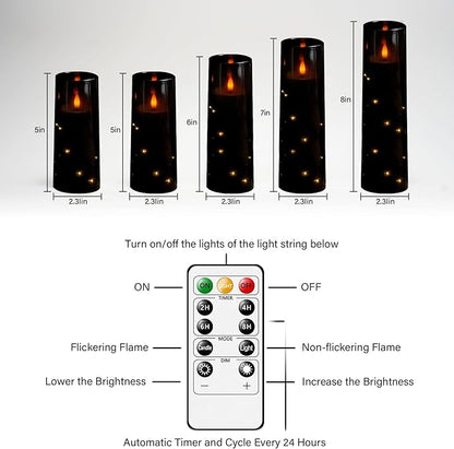 kakoya Flameless LED Candles with Timer 5 Pc Flickering Flameless Candles for Romantic Ambiance and Home Decoration Stable Acrylic Shell,with Embedded Star String,Battery Operated Candles（Black）