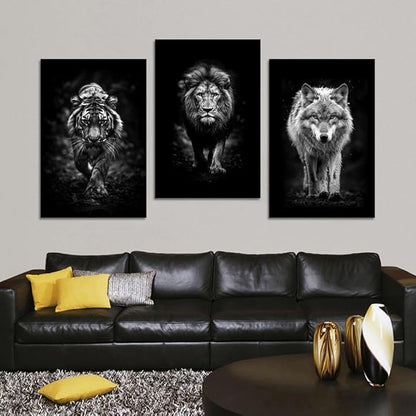 Black and White 3 Panles Pianting Wall Art Modern Home Office Decoration Animals Pictures Wall Decor Lion Tiger Wolf Posters Canvas Prints Art Living Room Decor, Framed 24" Wx36 Hx3pcs