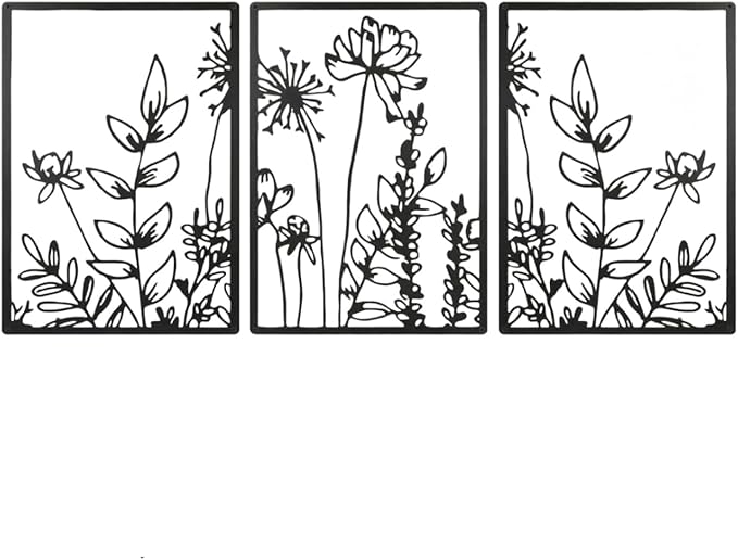 GSANMU Metal Boho Flower Wall Decor - 3 Pcs Minimalist black Farmhouse Hanging Wall Art Iron line decor for Bathroom,Living Room and Bedroom 16.5×11.8 inch