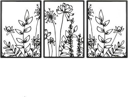 GSANMU Metal Boho Flower Wall Decor - 3 Pcs Minimalist black Farmhouse Hanging Wall Art Iron line decor for Bathroom,Living Room and Bedroom 16.5×11.8 inch