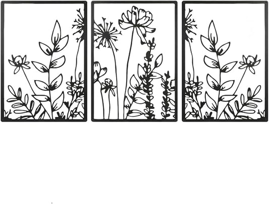 GSANMU Metal Boho Flower Wall Decor - 3 Pcs Minimalist black Farmhouse Hanging Wall Art Iron line decor for Bathroom,Living Room and Bedroom 16.5×11.8 inch