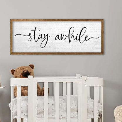 TQianJiang Living Room Wall Decor Stay Awhile Sign 24"×10" Cozy Home Inspirational Quote for Home Entryway Plaque Hallway Rustic Farmhouse Large Wood Framed Wall Hanging Art (Wood)