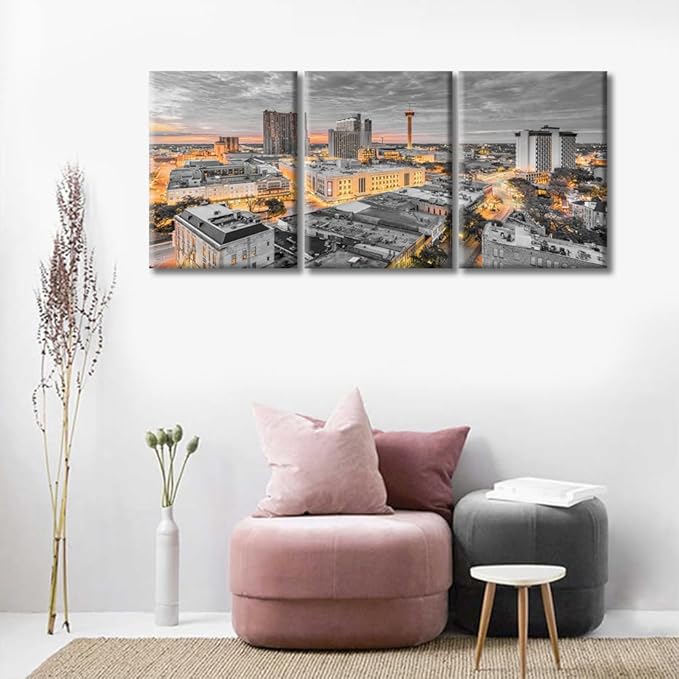 TUMOVO 3 Panel San Antonio Texas USA Downtown City Skyline Modern Artwork Wall Decor Skyscrapers Cityscape Pictures Bathroom Decor Wall Art Print on Canvas Framed Ready to Hang (36" Wx16 H)