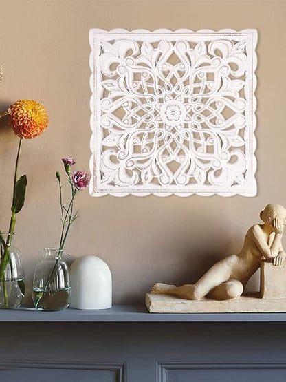 HOTBEST Wooden Wall Decor Floral Hollow Carved Wall Panel Hanging Decor Rustic Wall Art Sculpture Home Wall Ornament for Hallway Bedroom Living Room Cafe Office ...(Square 30 * 30cm)