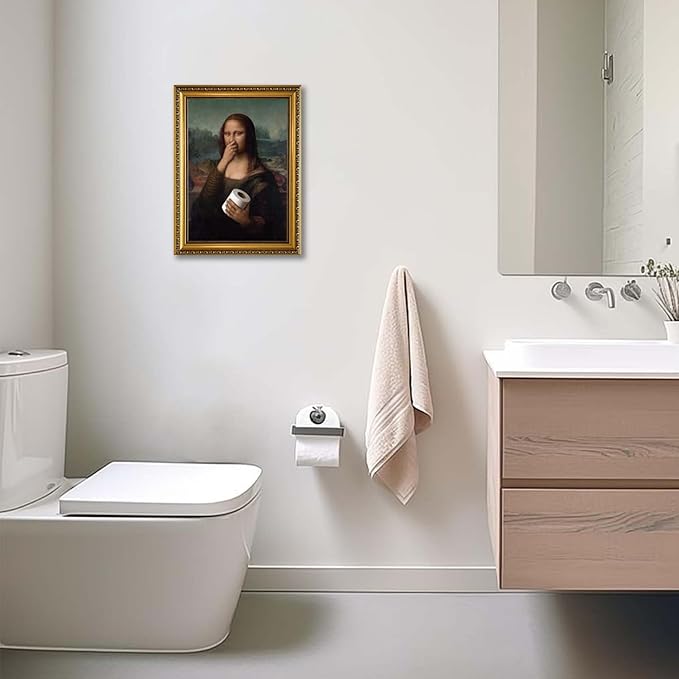 YD&YZY Gold Framed Bathroom Wall Art Mona Lisa Humor Amusing Toilet Art Pinching Nose Wall Decor Funny Vintage Painting Picture Print Whimsical Artwork Bathroom Restroom 12x16 inch Framed