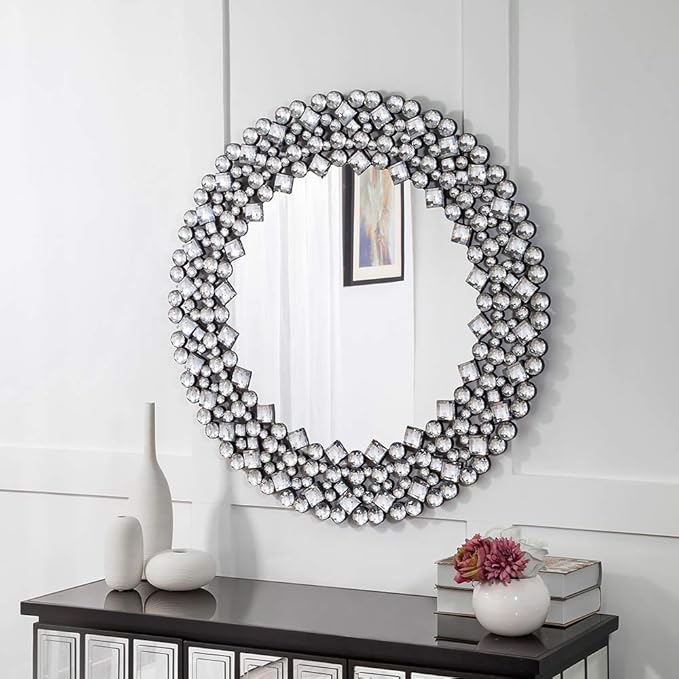 SHYFOY 35.5" Oversize Jeweled Ornate Wall Mirrors Decorative Crystal Accent Round Mirrors for Wall Home Decor, Modern Crushed Diamond Gemstone Mirror for Living Room