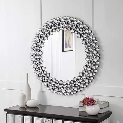 SHYFOY 35.5" Oversize Jeweled Ornate Wall Mirrors Decorative Crystal Accent Round Mirrors for Wall Home Decor, Modern Crushed Diamond Gemstone Mirror for Living Room