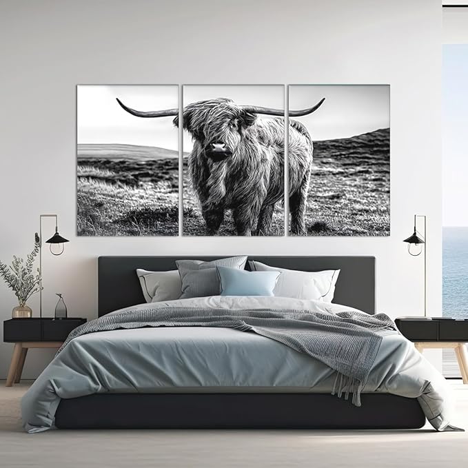 Yatsen Bridge Black and White Scottish Cow Canvas Wall Art Rustic Art Highland Cow Poster Wall Decor Vintage Farm Animal Artwork for Country Apartment Living Room Bedroom Decoration 24x36inchx3pcs