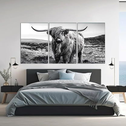 Yatsen Bridge Black and White Scottish Cow Canvas Wall Art Rustic Art Highland Cow Poster Wall Decor Vintage Farm Animal Artwork for Country Apartment Living Room Bedroom Decoration 24x36inchx3pcs