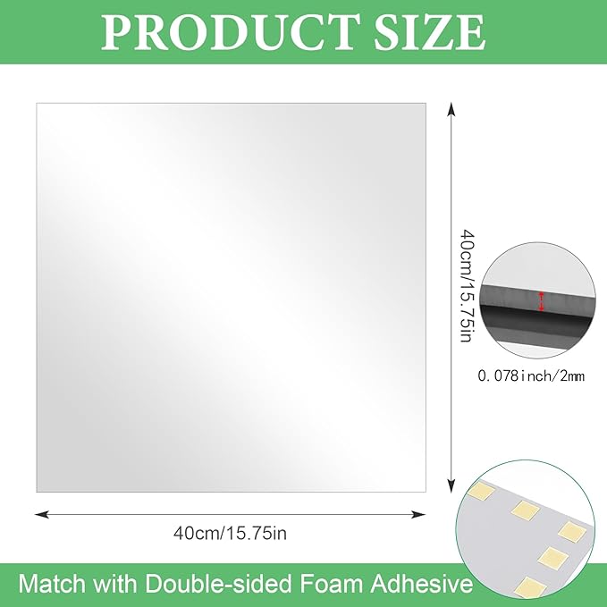 16 x 16 in Glass Mirror Sheet for Wall, 2mm Thick HD Frameless Wall Mirror Tile Self Adhesive Mirror Sticker Large Body Mirror Sheet for Bathroom, Bedroom, Vanity, Door, Gym, Home Decor