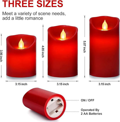 Flameless Battery Operated LED Candles, Remote Control Electric Realistic Candles Flickering Real Wax 4/5/6 Inch 3PACK with 2/4/6/8 Hour Timer for Home Decor Holidays Party (Red)