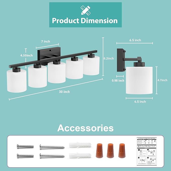 Honesorn 5-Light Vanity Lights, Matte Black with Frosted Shade & Anti-Rust Nickel Finish, Modern Bathroom Over Mirror Light Fixtures