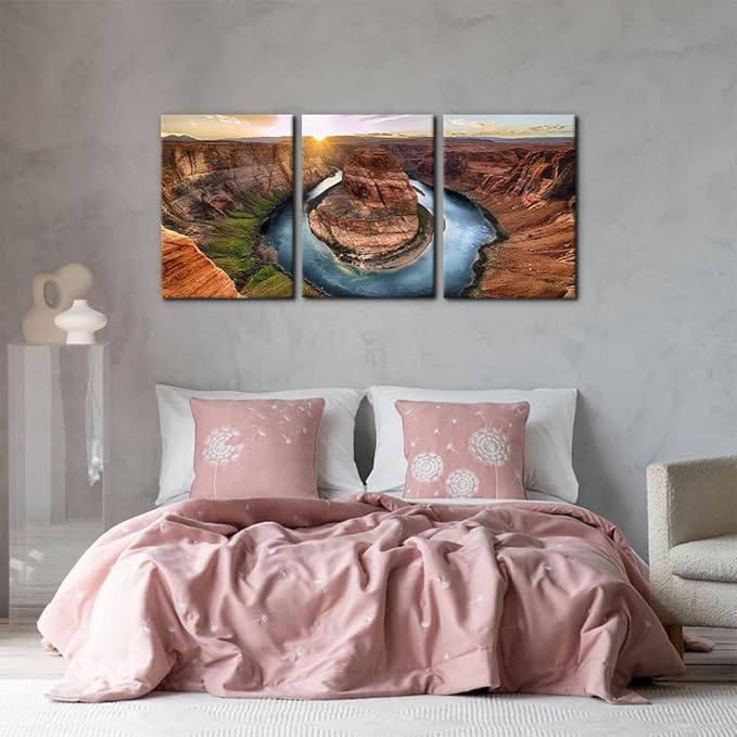 Pacimo 3 Piece Canvas Wall Art - Sunset Moment at Horseshoe Bend Colorado River Grand Canyon National Park Arizona Landscape Modern Home Art Decor Stretched and Framed Ready to Hang - 20"x28"x3 Panel