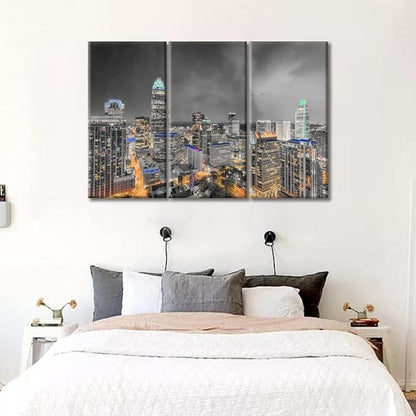 TUMOVO Charlotte North Carolina Skyline Black and White Wall Art 3 Pieces Nighttime Lightscape Bedroom Living Room City Skyline Wall Decor for Living Room Framed Ready to Hang (60" Wx40 H)