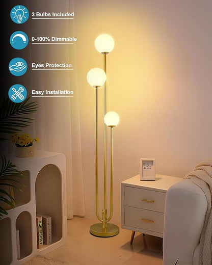Lightdot 63IN Gold Floor Lamp Dimmable 3-Lights Globe LED Floor Lamps with 3000K Soft Warm White for Wedding/Party Tall Lamp with 5Lbs Heavy Base for Living Room/Bedroom/Sofa Beside/Corner Decor