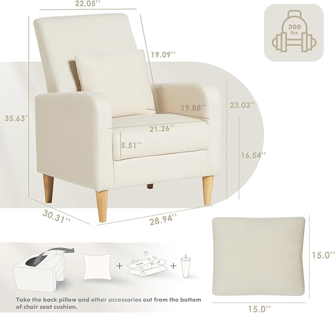 COLAMY Mid-Century Modern Upholstered Accent Chair with Back Pillow & Solid Wood Legs, Fabric Cozy Armchair for Living Room, Bedroom, Reading Nook, Apartment & Small Spaces, Beige