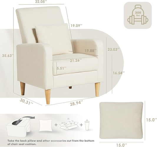 COLAMY Mid-Century Modern Upholstered Accent Chair with Back Pillow & Solid Wood Legs, Fabric Cozy Armchair for Living Room, Bedroom, Reading Nook, Apartment & Small Spaces, White