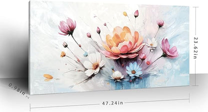 amatop Large Floral Wall Art — Orange, Blue, And Pink Flowers, Colorful Botanical Canvas Print, Modern Abstract Wall Decor For Living Room, Bedroom, Bathroom, Dining Room, And Kitchen. 48X24 Inches.