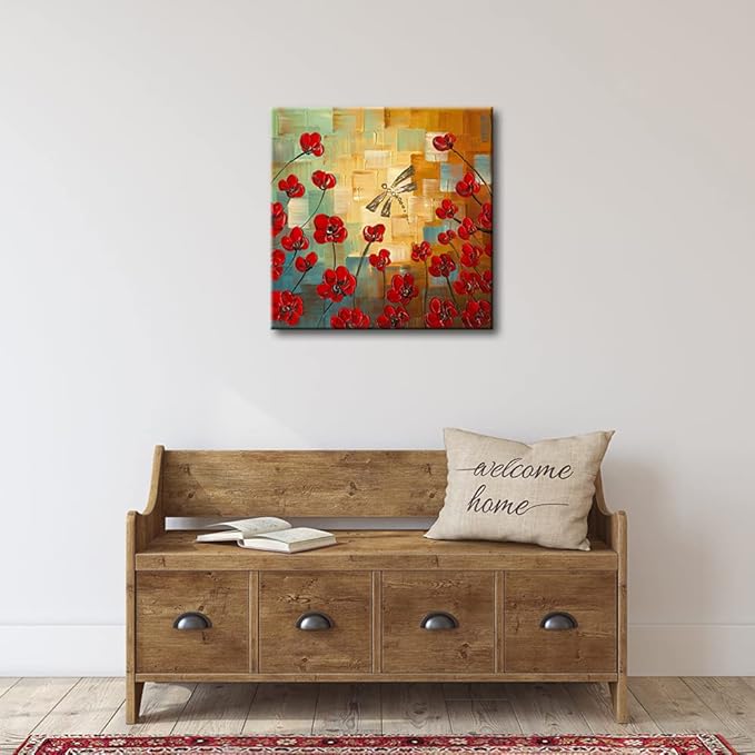 Wieco Art Dragonfly Floral Oil Paintings on Canvas Wall Art Ready to Hang for Bedroom Kitchen Dining Room Home Decorations Modern 100% Hand Painted Stretched and Framed Abstract Flowers Artwork