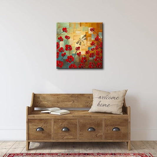 Wieco Art Dragonfly Floral Oil Paintings on Canvas Wall Art Ready to Hang for Bedroom Kitchen Dining Room Home Decorations Modern 100% Hand Painted Stretched and Framed Abstract Flowers Artwork