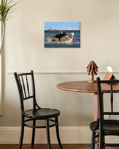 Shark Black Cat Canvas Wall Art,Framed Cat Wall Art, Quirky Pirate Cat Paintings, Whimsical Animal Paintings Wall Decor, Art Prints for Bathroom Living Room Bedroom Washroom,Ready To Hang 12x16 Inches.
