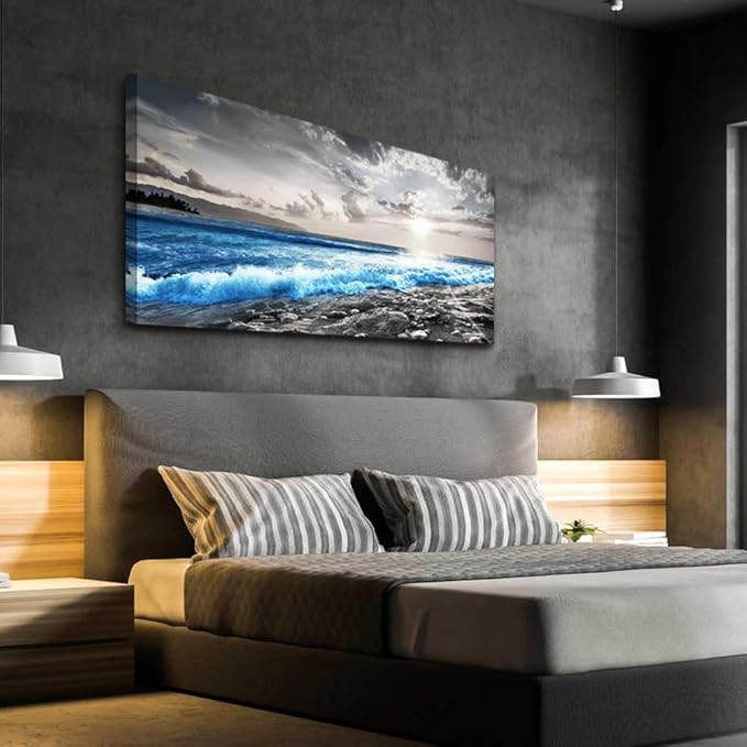 hyidecorart Large Wall Decor For Living Room Canvas Wall Art For Office Bedroom Decorations Blue Ocean Wave Wall Painting Black and White Beach Pictures Artwork Modern Mural Home Decor