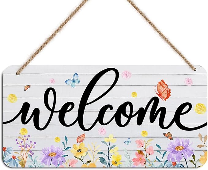 Spring Summer Wildflower Welcome Signs Wall Decor, Watercolor Butterfly Wooden Wall Art, Rustic Decorative Hanging Sign for Home Farmhouse Front Door, Housewarming Welcome Gifts