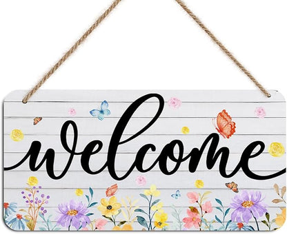 Spring Summer Wildflower Welcome Signs Wall Decor, Watercolor Butterfly Wooden Wall Art, Rustic Decorative Hanging Sign for Home Farmhouse Front Door, Housewarming Welcome Gifts