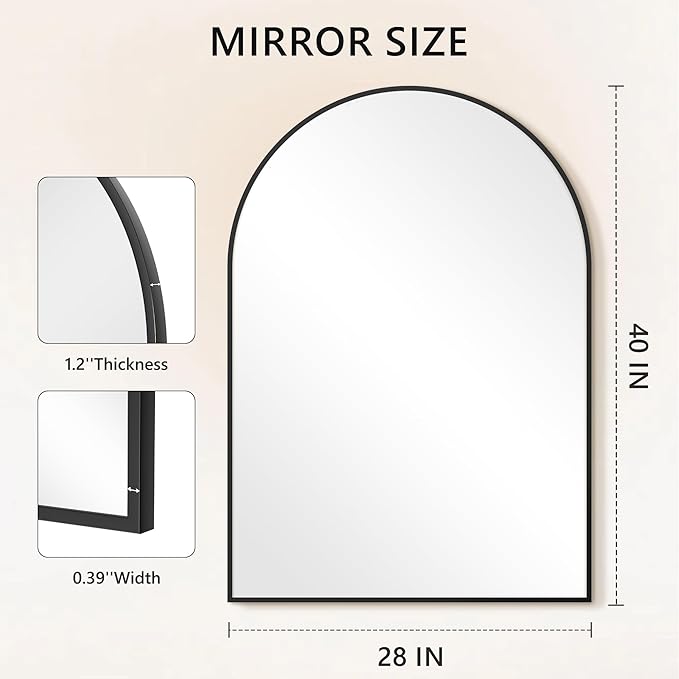 Arched Bathroom Mirror for Wall, 40" x 28" Black Metal Frame Vanity Mirror, HD Glass Over Sink for Bathroom, Entryway, Bedroom