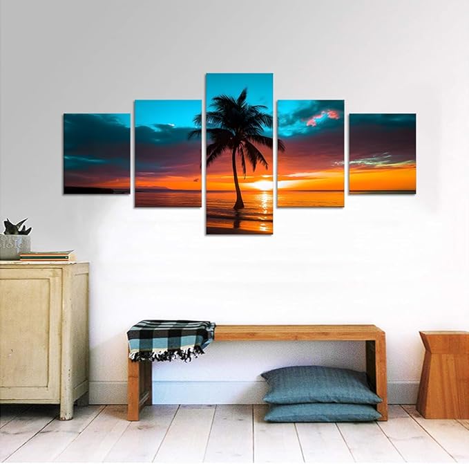 Yatsen Bridge 5 Panels Beach Wall Art for Living Room Sunset Palm Trees Landscape Pictures Canvas Prints Artwork Seascape Wall Decor Wooden Framed Ready to Hang - 50''W x 24''H