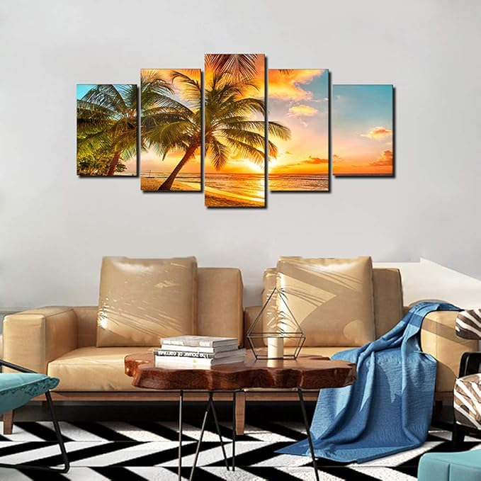 Golden Seascape Ocean Beach Wall Art Cozy Sea Artwork Modern Ocean Sunset Sea Beach Canvas Prints Pictures Paintings on Canvas Wall Art for Home Decor 5 Panels Gallery Wrapped Tropical Scenery