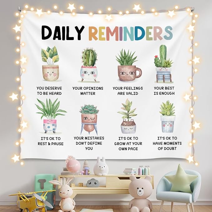 Daily Reminders Wall Tapestry, Cute Plant Mental Health Banner with Inspirational Quotes, Soft Flannel Tapestry Wall Hanging Decor for Bedroom Living Room,Kids Room Decoration 51x59 Inch (Colorful-Daily remingders)