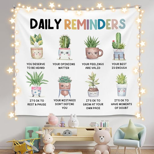 Daily Reminders Wall Tapestry, Cute Plant Mental Health Banner with Inspirational Quotes, Soft Flannel Tapestry Wall Hanging Decor for Bedroom Living Room,Kids Room Decoration 51x59 Inch (Colorful-Daily remingders)