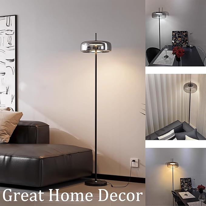 MIXL-Smoky Grey Floor Lamp with Glass Shade,Dimmable Floor Reading Lamp,Mid Century Modern Standing Lamp for Bedroom Living Room and Office