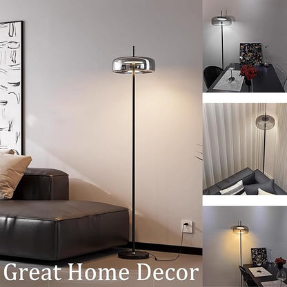 MIXL-Smoky Grey Floor Lamp with Glass Shade,Dimmable Floor Reading Lamp,Mid Century Modern Standing Lamp for Bedroom Living Room and Office