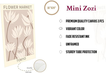 MINI ZOZI Matisse Wall Art Flower Market Prints 16X24 3PCS Picasso Wall Decor Large Canvas Beige Posters Trendy Funky Aesthetic Abstract Line Minimalist Poster Danish Pastel Painting Bedroom Printing