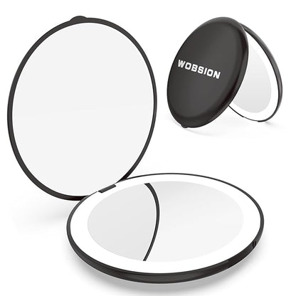 WOBSION Travel Compact Mirror,Portable 1x/10x LED Makeup Mirror with Magnification,Handheld 2-Sided Pocket Mirror, 3.5in Small Mirror for Purse,Handbag,Gift,Black