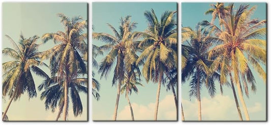Pacimo Canvas Print Wall Art Set Row of California Palm Trees & Blue Sky Nature Wilderness Photography Realism Chic Scenic Seaside Landscape Pictures Giclee Artwork Stretched Framed - 20"x28"x3 Panels